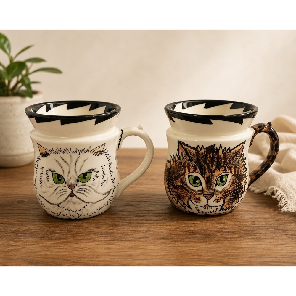 Vintage Cats by Nina Lyman Ceramic Mug Set White Persian and Brown Tabby 2pc